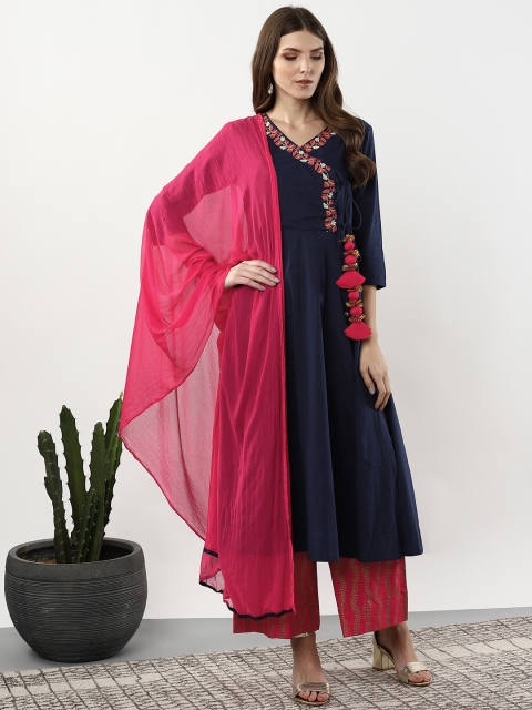 

Sangria Women Navy Blue & Magenta Solid Kurta with Palazzos & Dupatta