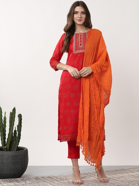 

Sangria Women Red & Orange Printed Kurta with Trousers & Dupatta