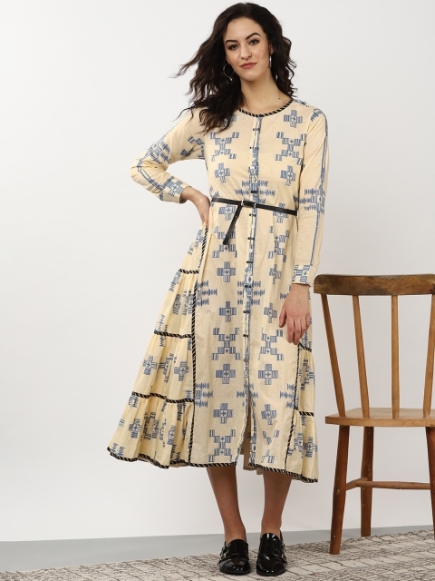 

Sangria Cream-Coloured & Blue Printed Fusion A-Line Dress