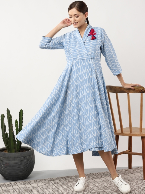 

Sangria Women Blue & White Printed Midi Fusion Wrap Dress