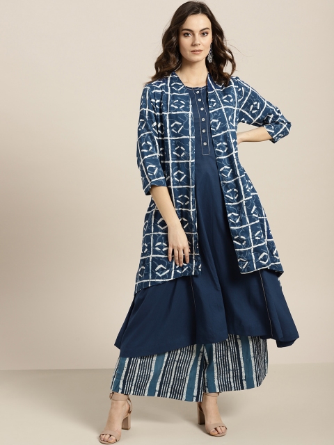 

Sangria Women Navy Blue & White Printed Kurta with Palazzos With Ethnic Jacket