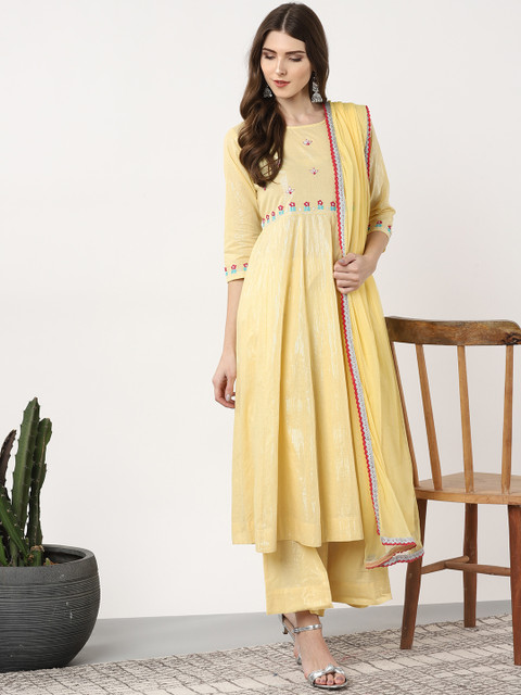 

Sangria Women Yellow & Silver Yoke Design Kurta with Palazzos & Dupatta