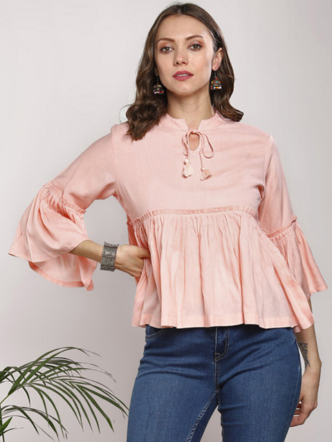 

Sangria Women Pink Solid A-Line Pure Cotton Top