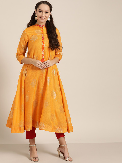

Sangria Women Mustard Yellow & Red Printed Kurta with Trousers