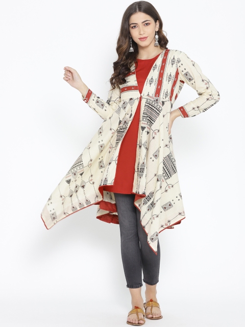 

Sangria Women Red & Cream-Coloured Solid Tunic with Printed Layer