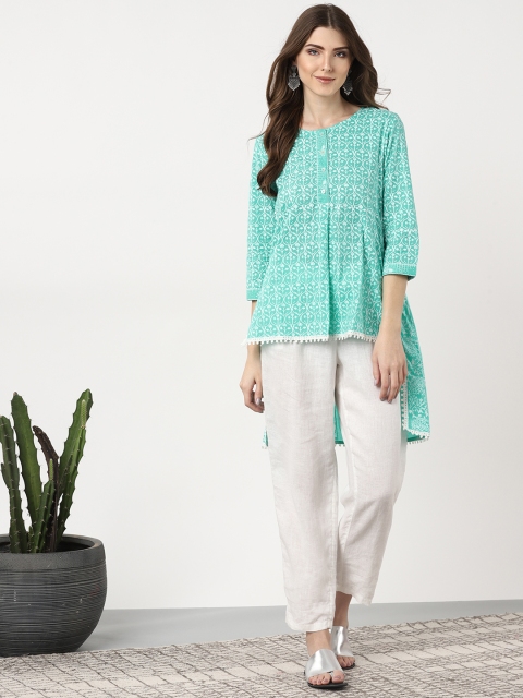 

Sangria Women Sea Green & White Printed High-Low Top