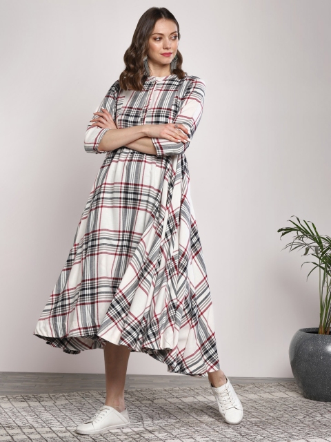 

Sangria Women Off-White & Black Checked Midi A-Line Dress