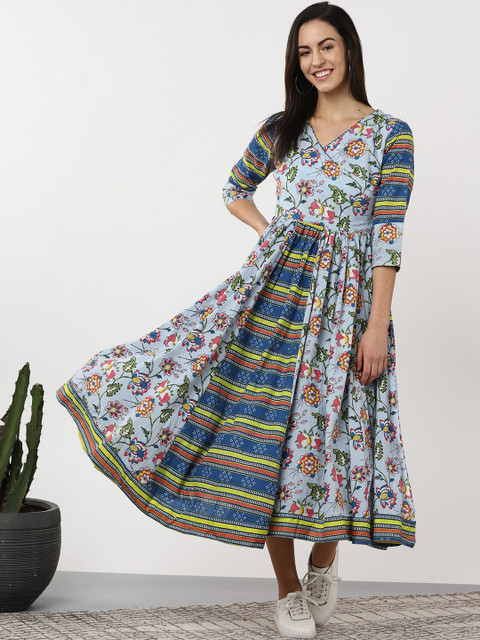 

Sangria Women Blue & Yellow Printed Fusion Wrap Dress