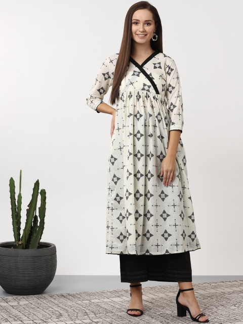 

Sangria Women Off-White & Black Printed Angrakha Kurta with Palazzos