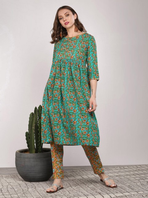 

Sangria Women Green & Mustard Yellow Printed Kurta with Trousers