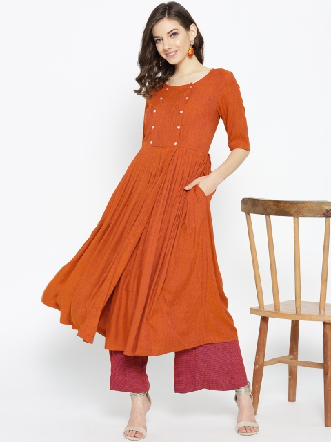 

Sangria Women Rust Orange & Pink Yarn Dyed Kurta Palazzo Set