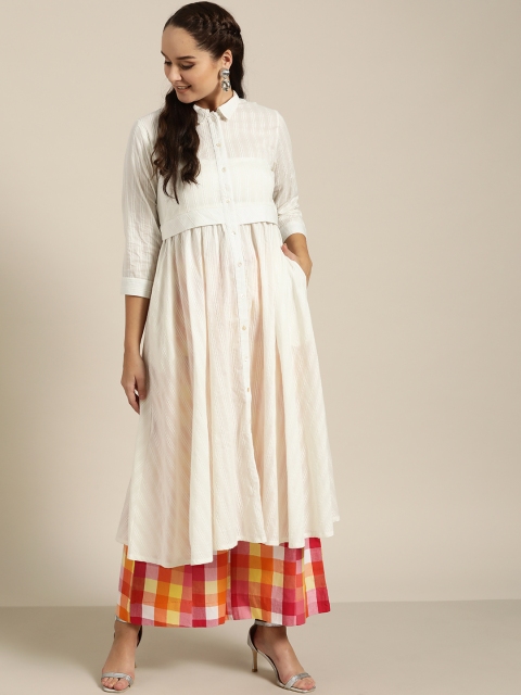 

Sangria Women White & Pink Self Striped Kurta with Palazzos