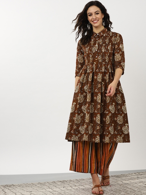 

Sangria Women Brown & Off-White Printed A-Line Kurta with Palazzos