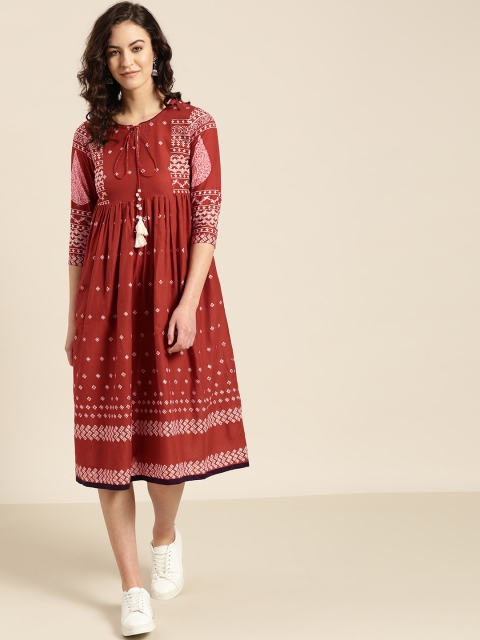 

Sangria Women Maroon & Off-White Printed A-Line Dress