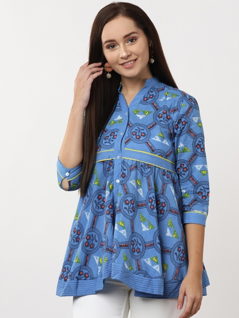 

Sangria Women Blue & Red Printed A-Line Pure Cotton Top