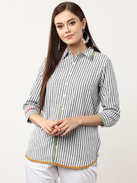 

Sangria Women White & Grey Regular Fit Striped Casual Shirt