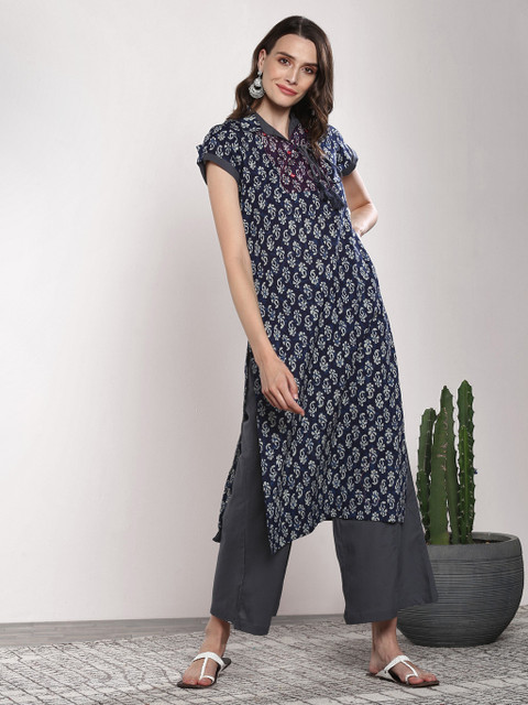

Sangria Women Navy Blue & Charcoal Grey Printed Kurta with Palazzos