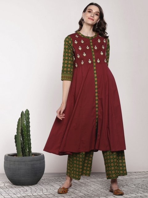 

Sangria Women Maroon & Green Yoke Design Kurta with Palazzos