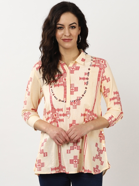 

Sangria Women Cream-Coloured & Pink Printed Shirt Style Pure Cotton Top