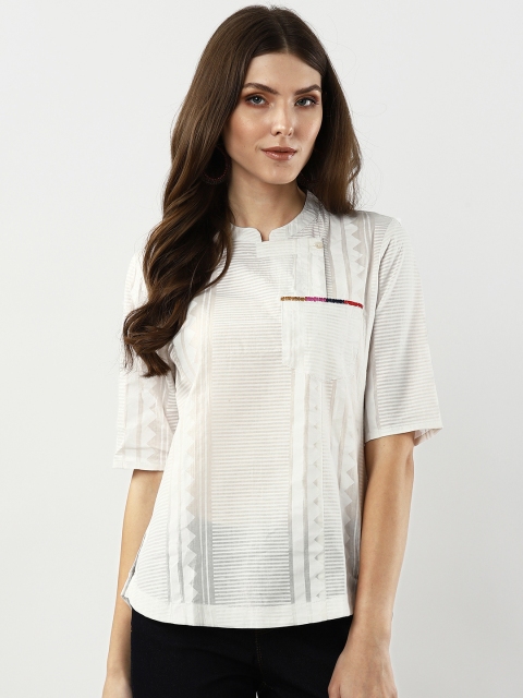 

Sangria Women White Striped Semi Sheer High-Low Top