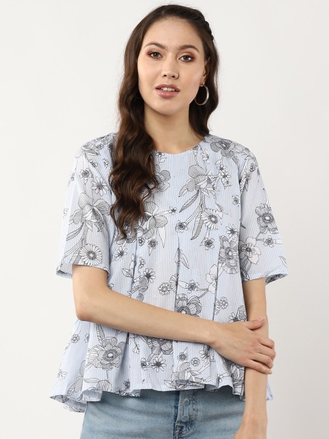 

Sangria Women Blue & White Printed A-Line Top