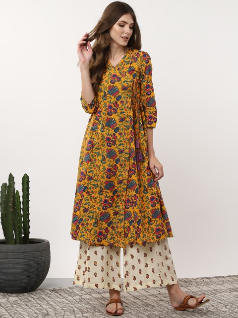 

Sangria Women Mustard Yellow & Off-White Angrakha Printed Kurta with Palazzos