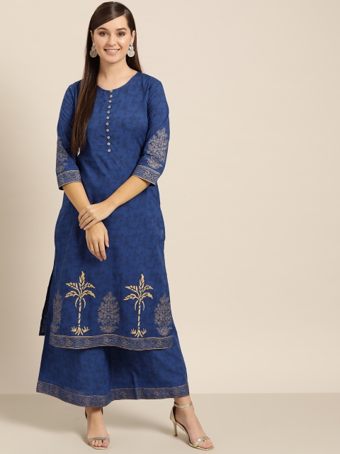 

Sangria Women Navy Printed Kurta with Palazzos, Navy blue
