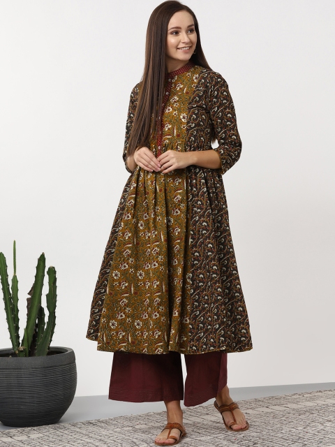 

Sangria Women Olive Brown & Maroon Printed Kurta with Palazzos