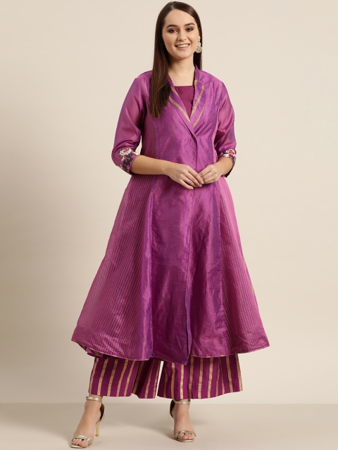 

Sangria Women Purple & Golden Striped Kurta with Palazzos With Ethnic Jacket