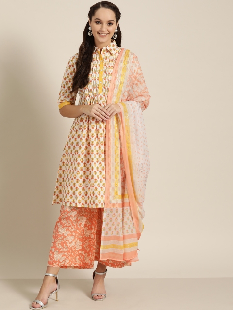 

Sangria Women Off-White & Peach-Coloured Printed Kurta with Palazzos & Dupatta