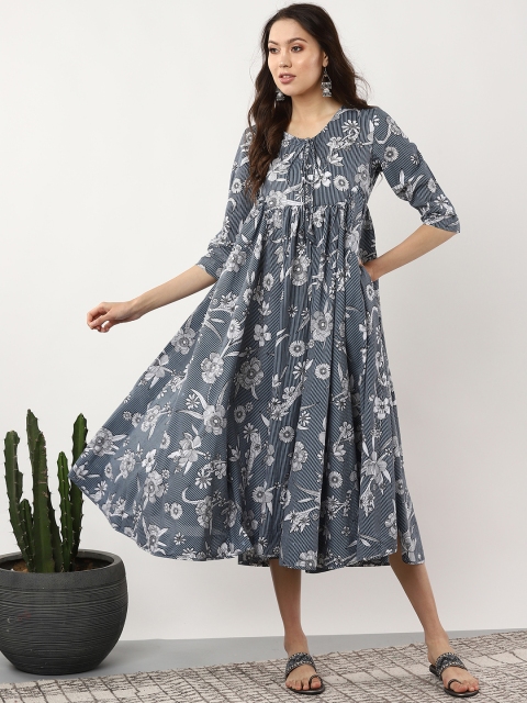 

Sangria Women Blue & White Floral Printed Fusion A-Line Dress