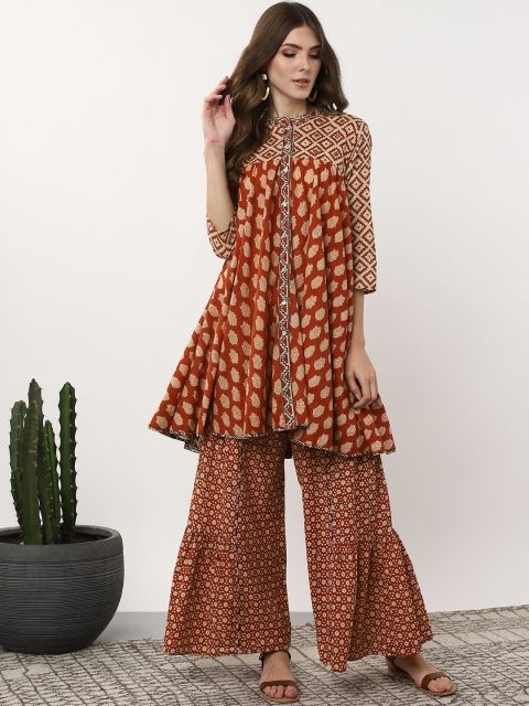 

Sangria Women Rust Orange & Beige Hand Block Print Kurta with Sharara