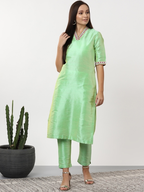

Sangria Women Green Solid Kurta with Trousers
