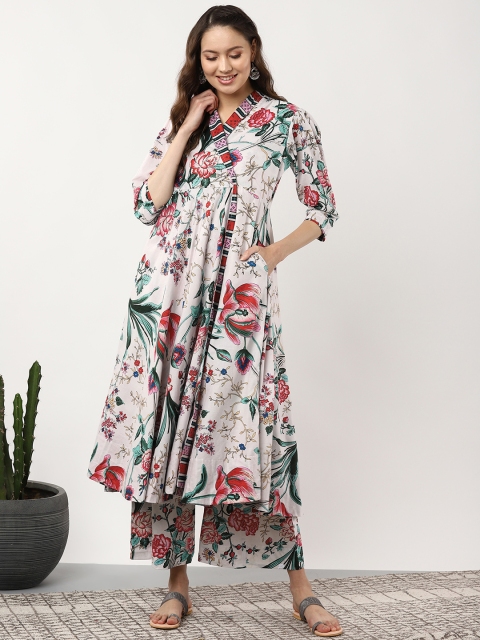 

Sangria Women White & Pink Floral Print Kurta with Palazzos