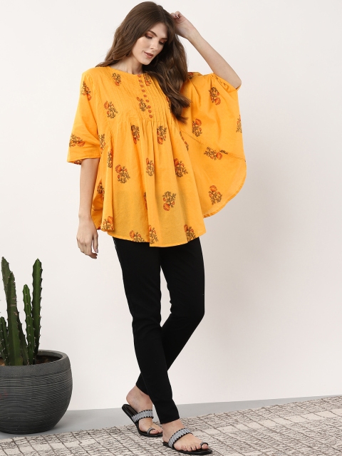 

Sangria Women Mustard Yellow & Orange Printed Kaftan Pure Cotton Top