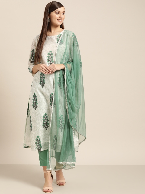 

Sangria Women Off-White & Green Printed Kurta with Trousers & Dupatta