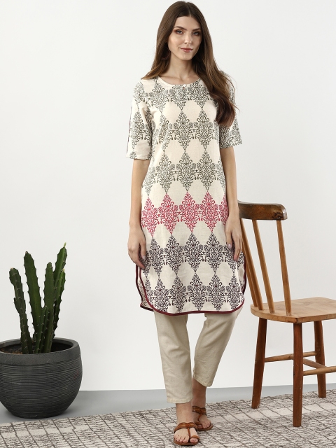 

Sangria Women Off-White & Olive Green Printed Straight Kurta