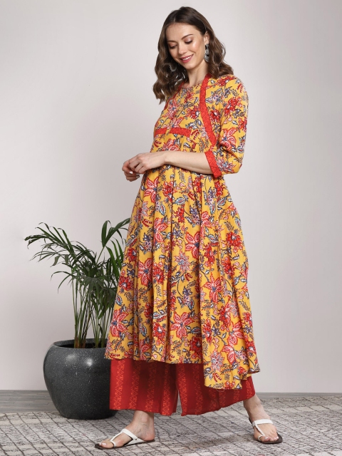

Sangria Women Mustard Yellow & Red Printed Kurta with Palazzos
