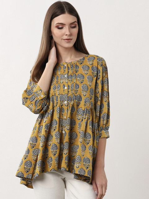 

Sangria Women Mustard Yellow & Navy Blue Printed A-Line Pure Cotton Top
