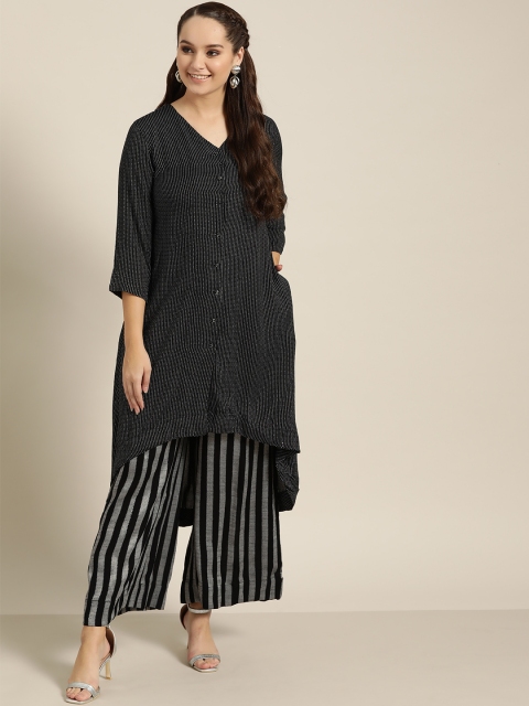 

Sangria Women Black & Grey Striped Kurta with Palazzos