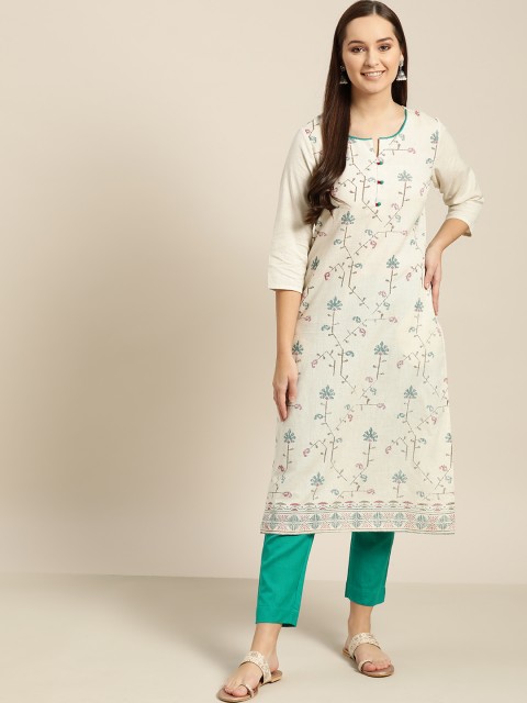 

Sangria Women Off-White & Green Printed Kurta with Trousers