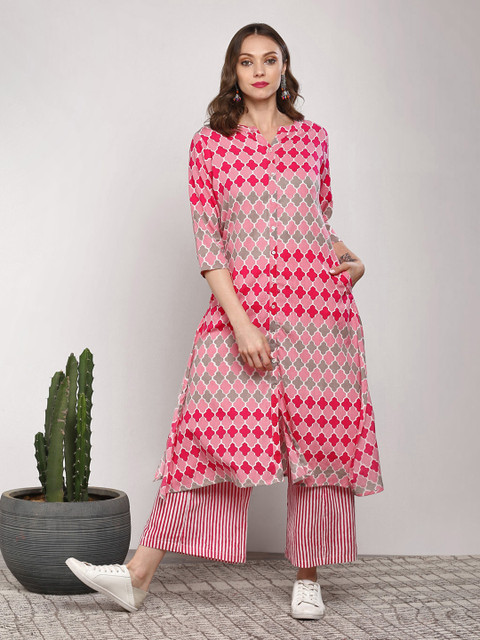

Sangria Women Pink & White Printed Kurta with Palazzos