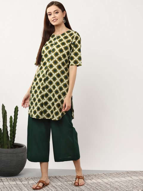 

Sangria Women Cream-Coloured & Green Printed Kurta with Palazzos