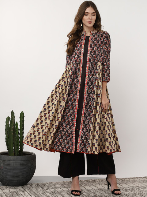 

Sangria Women Black & Beige Mirror Work Kurta with Palazzos & Handblock Print Layer