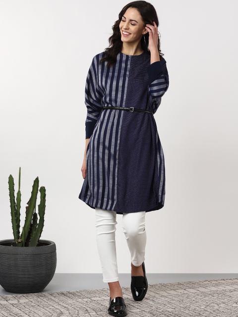 

Sangria Women Navy Blue & Grey Striped Kaftan Styled Top