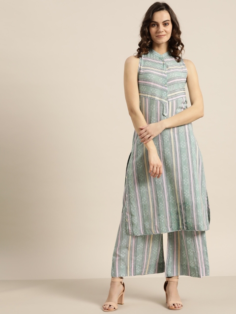 

Sangria Women Green & Off-White Striped Kurta with Palazzos