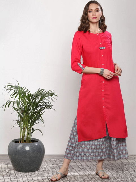 

Sangria Women Red & Grey Solid Kurta with Palazzos
