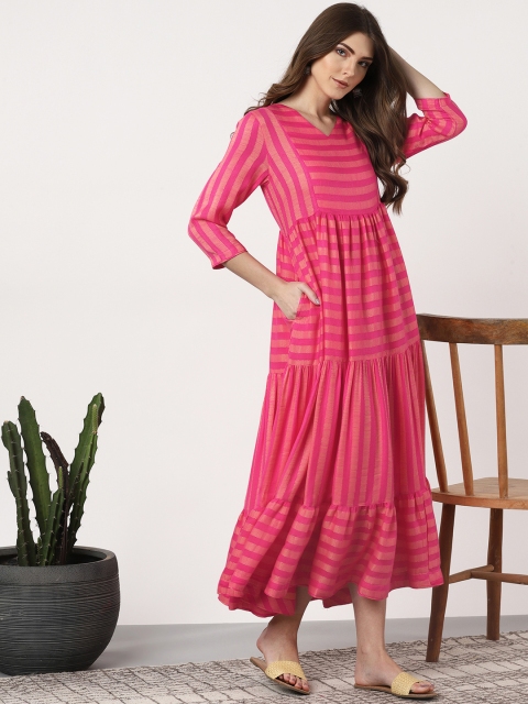 

Sangria Women Pink & Peach-Coloured Tiered Striped Maxi Dress