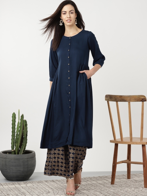 

Sangria Women Navy Blue & Golden Solid A-Line Kurta with Printed Palazzos