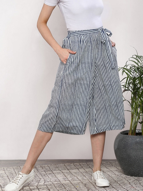 

Sangria Women White & Blue Regular Fit Striped Culottes